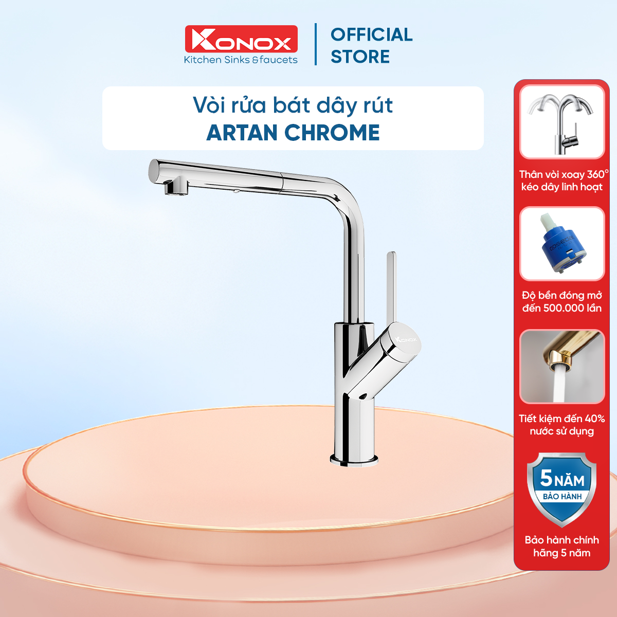 Vòi rửa bát dây rút Konox Artan Chrome