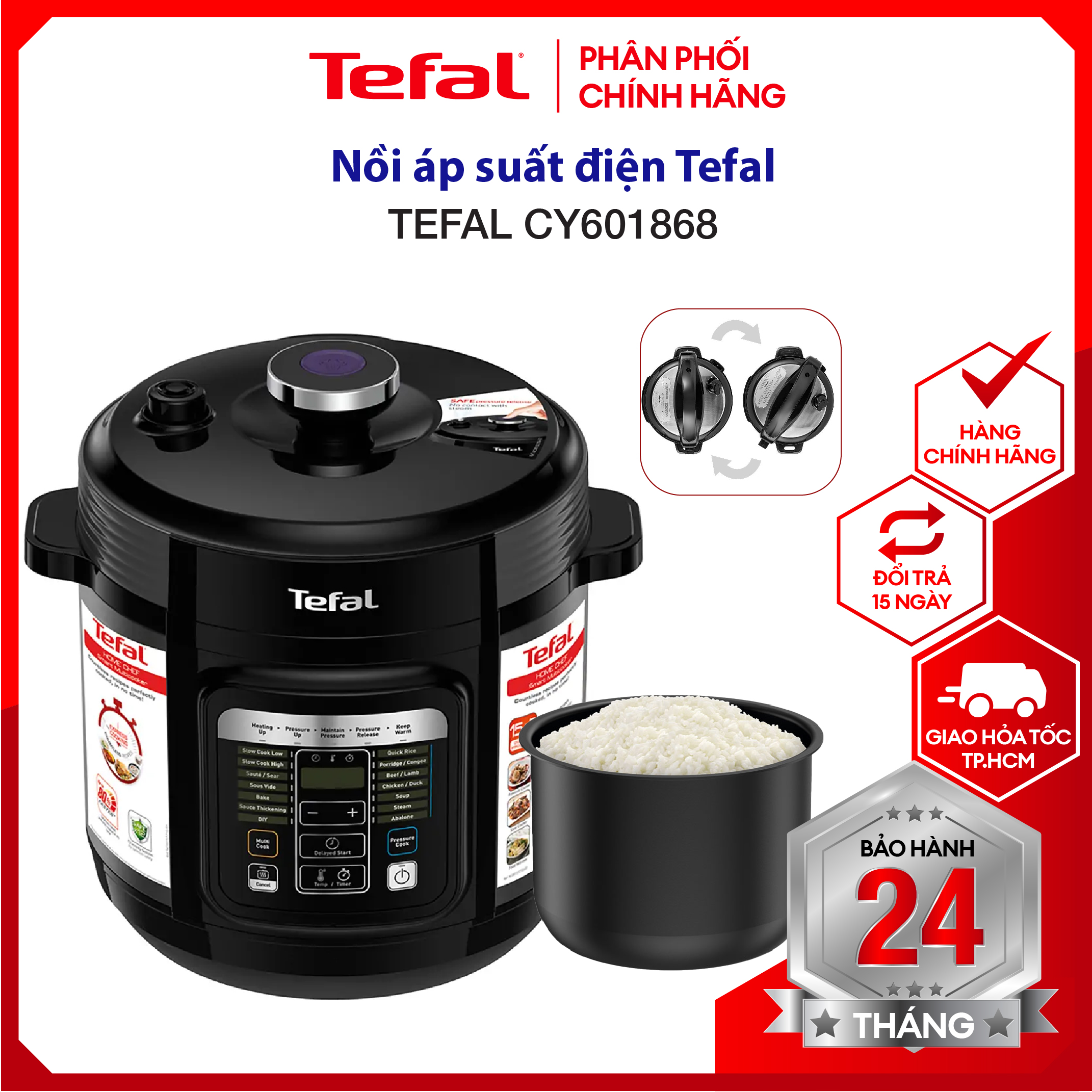 |HỎA TỐC 2H| Nồi áp suất điện Tefal CY601868 - Dung tích 6L , thiết kế van xả áp an toàn, tránh bỏng hơi nước - Đa dạng với 15 chương trình nấu, 4 phụ kiện đi kèm - Hàng chính hãng, bảo hành 24 Tháng