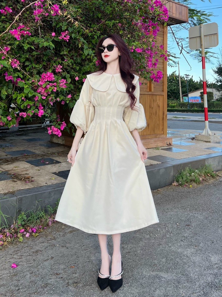 Đầm tiểu thư xếp ly dáng xòe có cổ phối tay bèo siêu dể thương