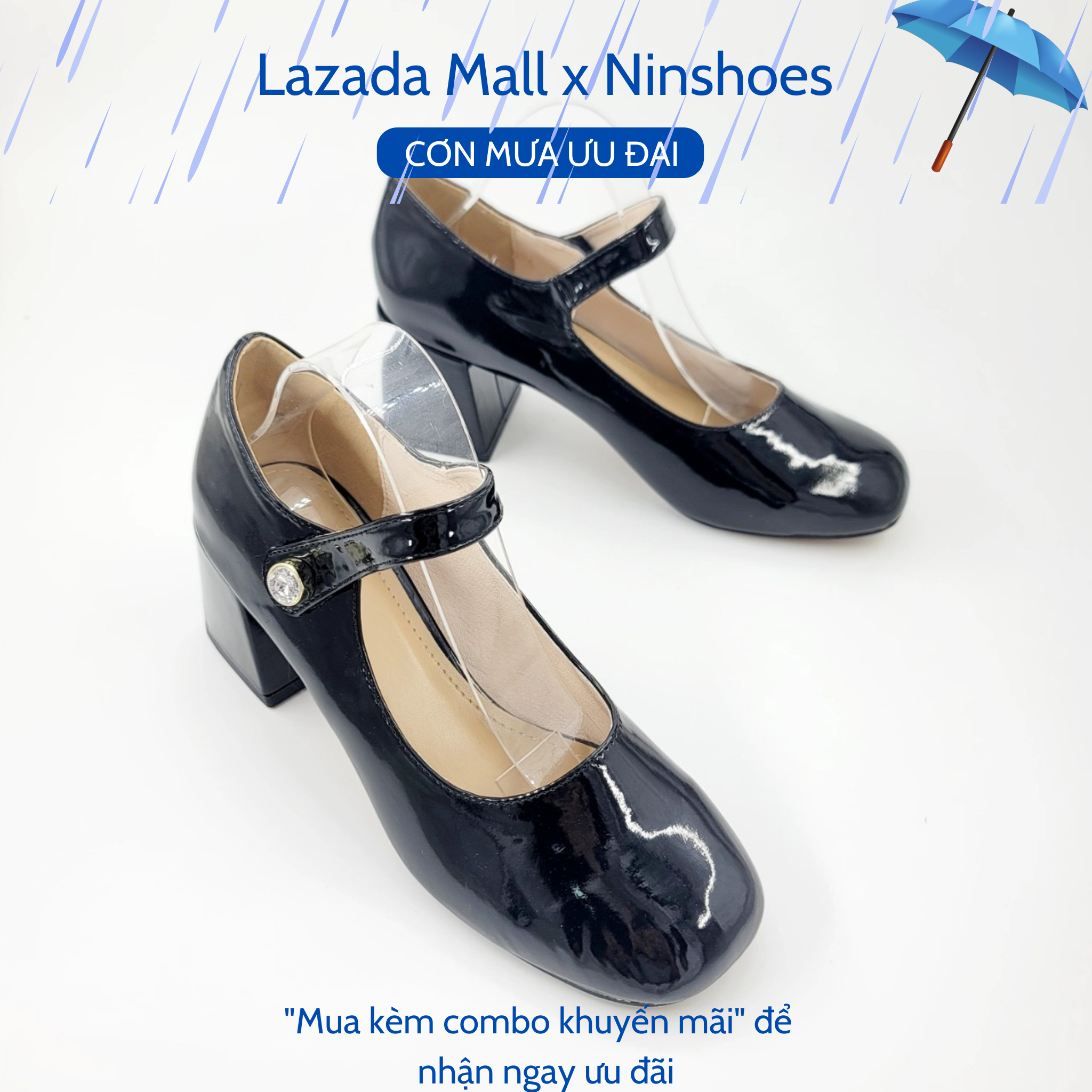 Giày cao gót đế vuông 5 phân Ninshoes mũi tròn bít gót quai ngang đính ngọc