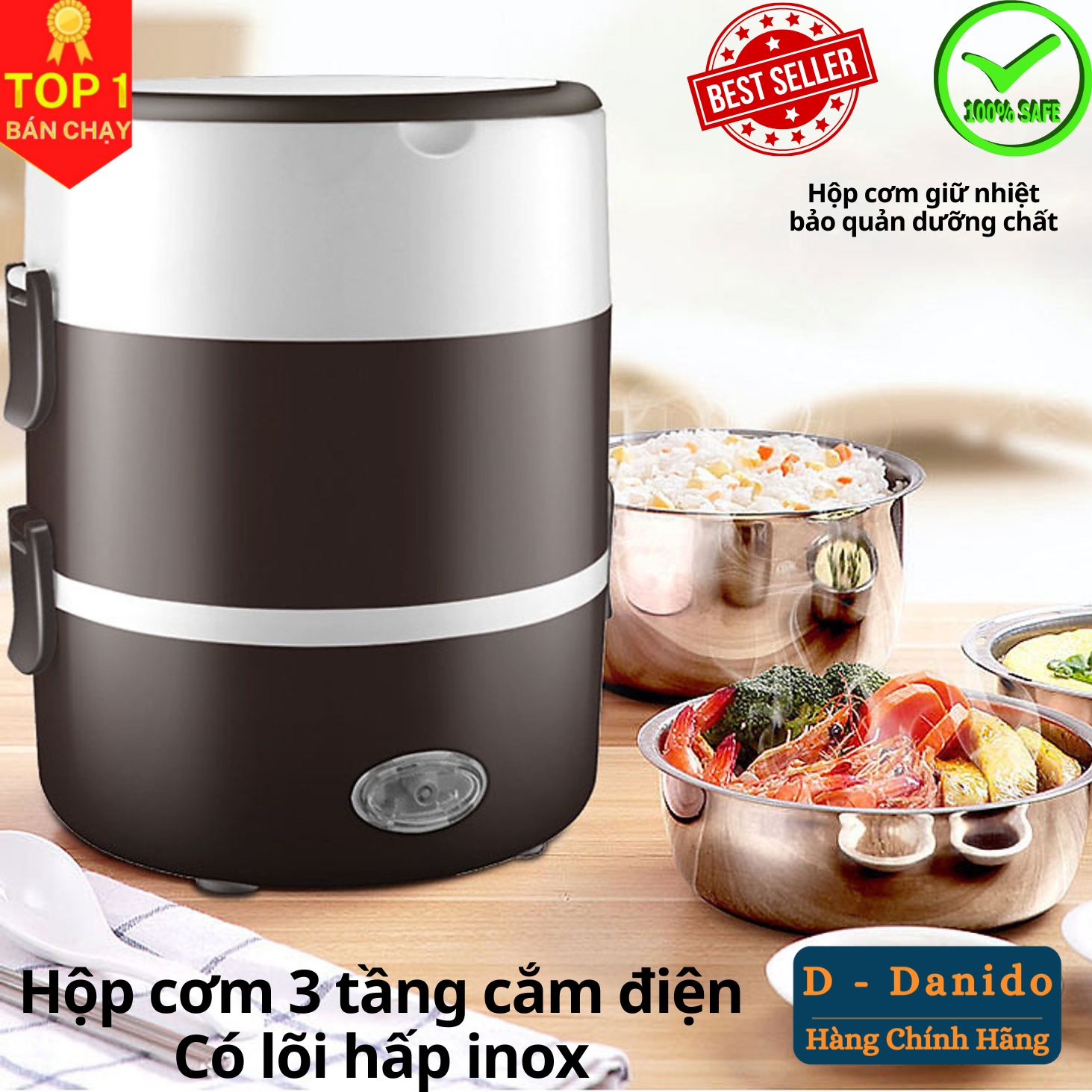 Hộp cơm cắm điện văn phòng, Cặp lồng giữ nhiệt inox 3 tầng cao cấp D Danido