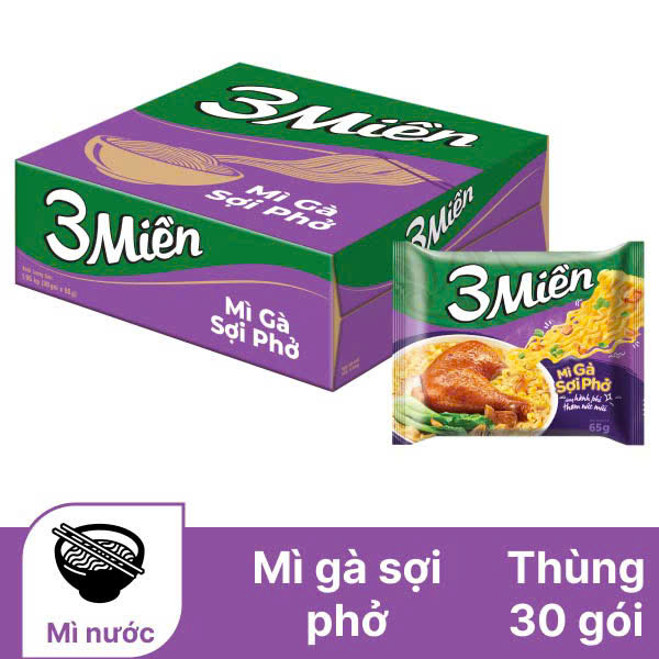 Thùng 30 Gói Mì 3 Miền Gà Sợi Phở 65g x 30 gói - UN37T