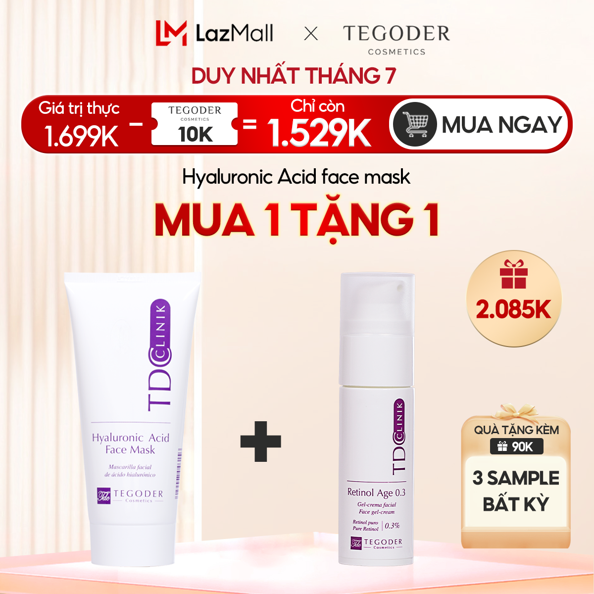 Mặt nạ HA Hyaluronic Acid tinh khiết siêu cấp ẩm căng mọng tế bào Tegoder Hyaluronic Acid face mask 200 ml mã 6156