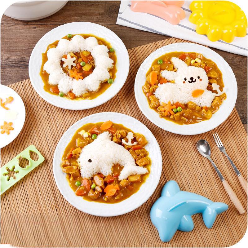 Bộ khuôn ép cơm tạo hình cá heo, thỏ và hoa bento Nhật Bản