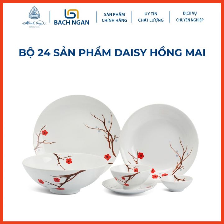 Bộ chén dĩa Minh Long 24 sản phẩm Daisy Hồng Mai hàng sứ cao cấp dùng trong gia đình, đãi khách hay tặng quà tết - bộ bàn ăn