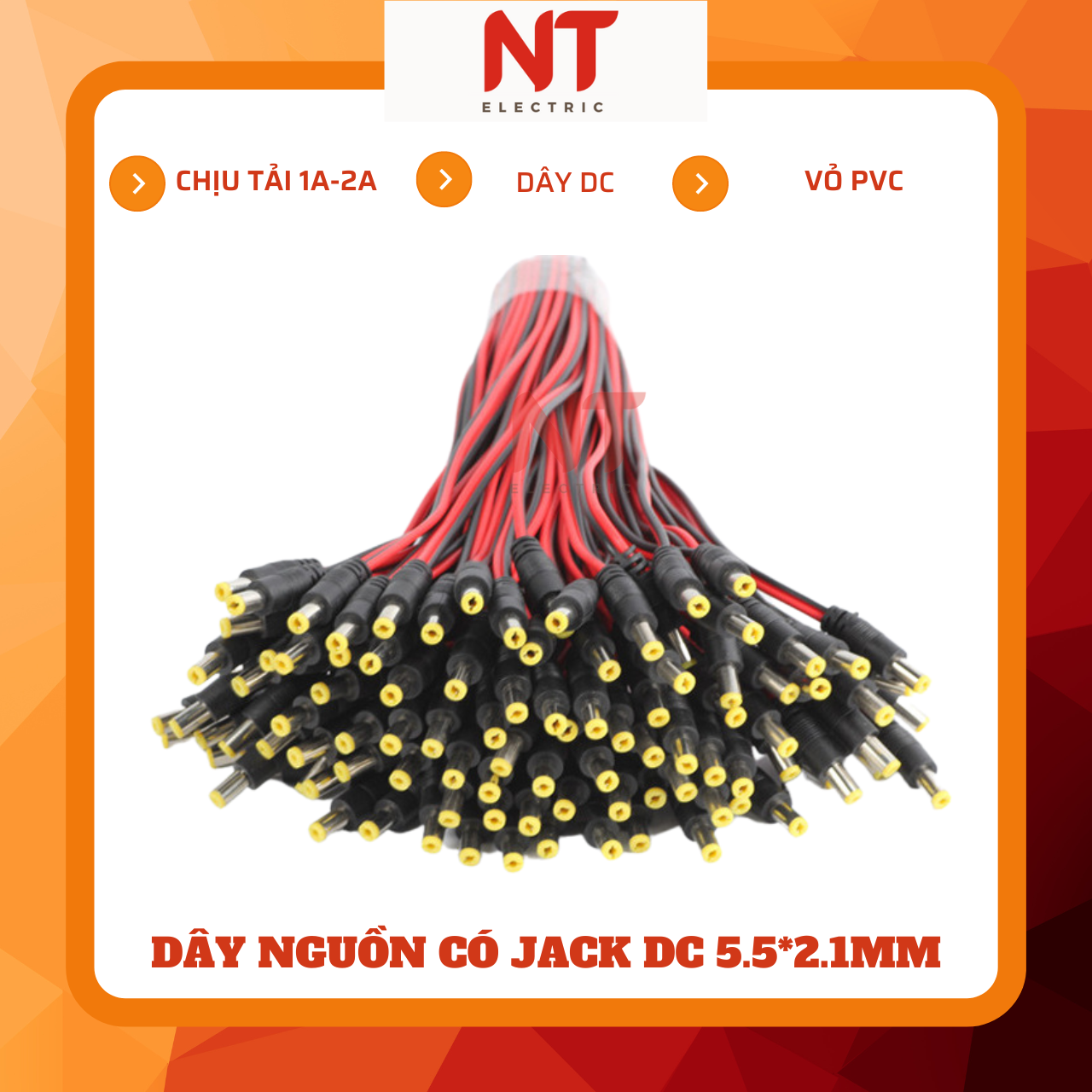 Dây nguồn có jack dc 5.5*2.1mm, chịu tải 1a-2a
