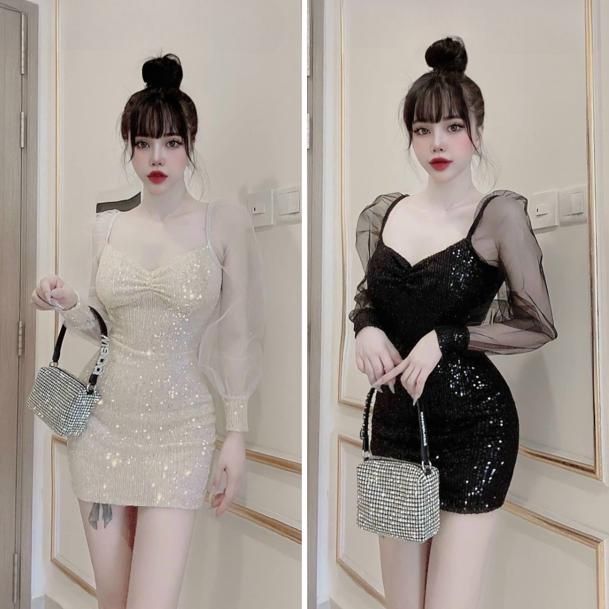 Đầm dự tiệc kim sa phối tay lưới