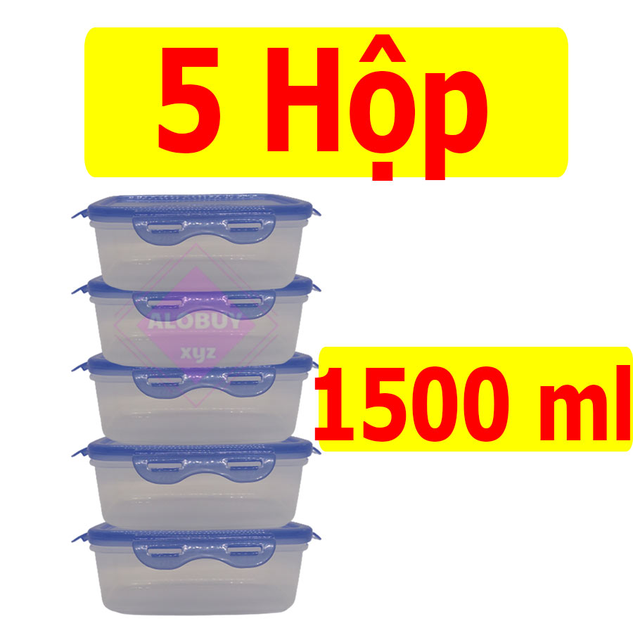Combo 5 hộp nhựa đựng thực phẩm chữ nhật cao cấp 1500ml, nhựa trong suốt có nắp  khóa  chắc chắn- HTP09 Alomua