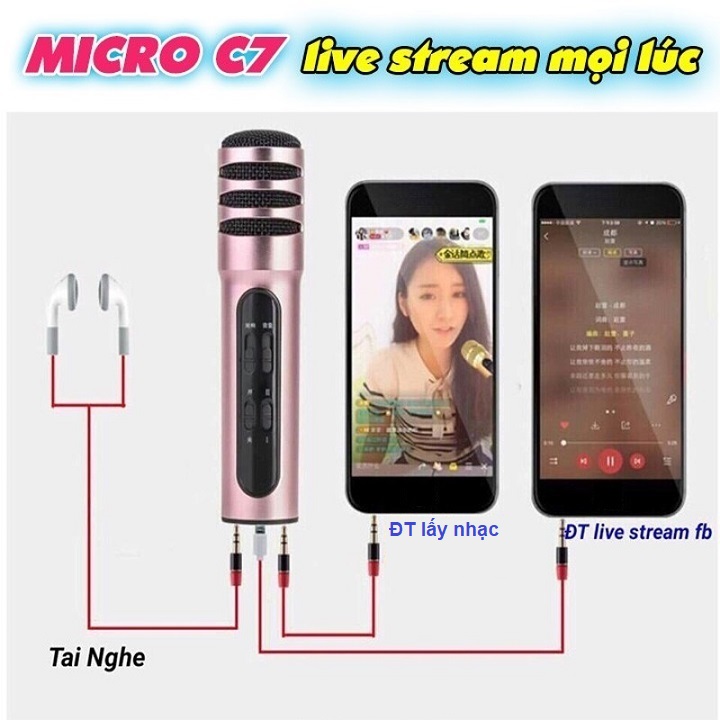 Micro Hát Livestream Karaoke, Mic Thu Âm C7 Chuyên Nghiệp, Tặng Tai Nghe, Tiếng Bass Cực Đầm - Treble Cực Ngọt