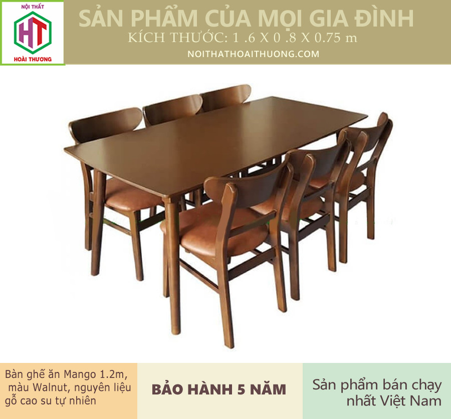 Bô bàn ghế phòng ăn 1.6 m 6 ghế gỗ ht06216g4g màu walnut