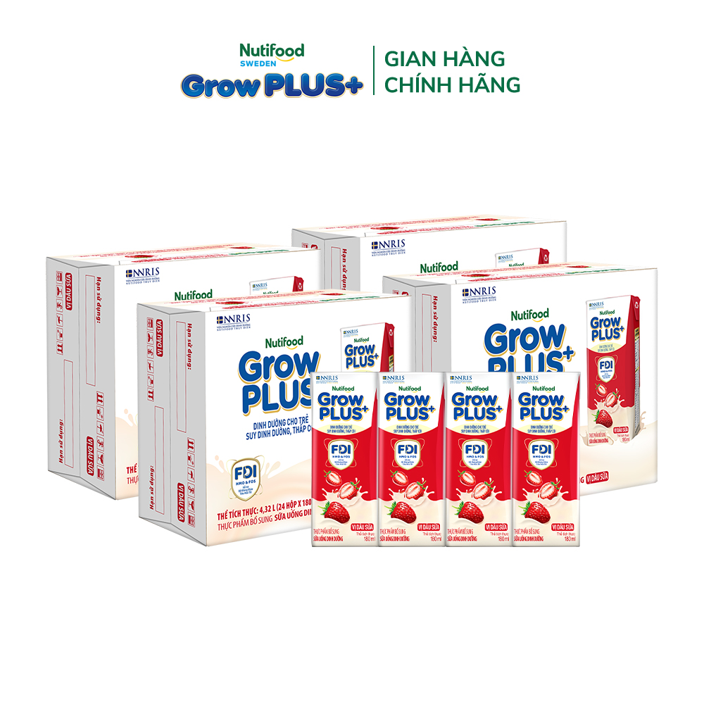 Combo 4 Thùng 24 hộp Sữa bột pha sẵn Nutifood GrowPLUS+ Vị Dâu Sữa hộp 180ml - Hỗ trợ phát triển cân nặng