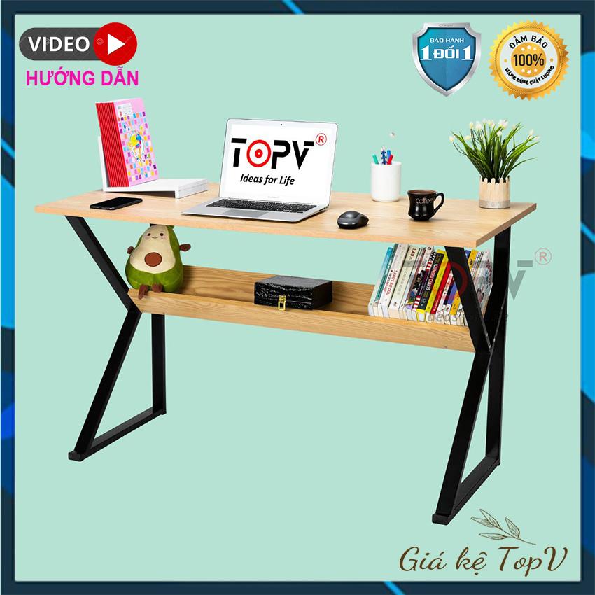 Bàn học gỗ bàn làm việc chữ K chữ U kèm kệ sách lắp ráp thông minh học sinh sinh viên 1m2 trắng văn phòng giá rẻ Giá kệ TopV