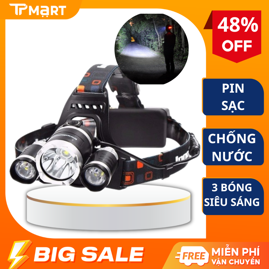 Đèn pin 5 bóng siêu sáng, Đèn pin đội đầu 3 bóng pin sạc, Đèn pin đội đầu pin trâu, Đèn pin dã ngoại