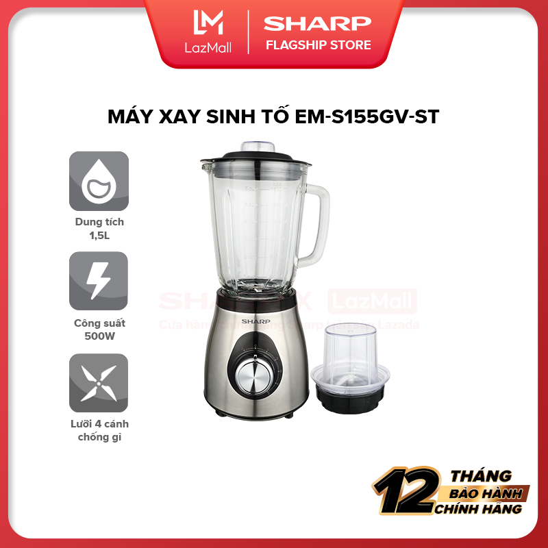 Máy Xay Sinh Tố Sharp EM-S155GV-ST 1.5L Cối Thủy Tinh [2 Cối Xay, Công suất: 500W, 5 Tốc Độ Xay] Bảo Hành Chính Hãng 12 tháng