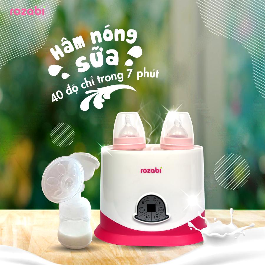 Máy hâm tiệt trùng bình sữa Rozabi 2 bình cổ siêu rộng 5 chức năng