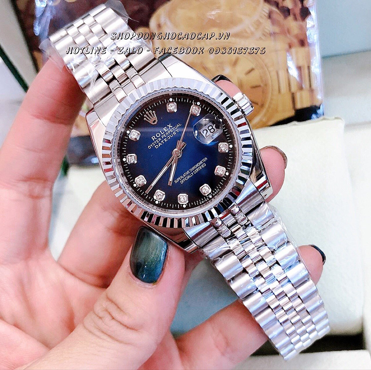 [HCM]Đồng Hồ Rolex Nữ Mặt Khía Bạc Xanh 32mm-36mm