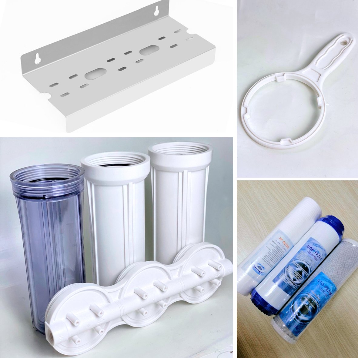 Bộ 3 cốc nắp liền cao cấp 10inch ren 21 + 3 lõi lọc + bát bắt tường inox