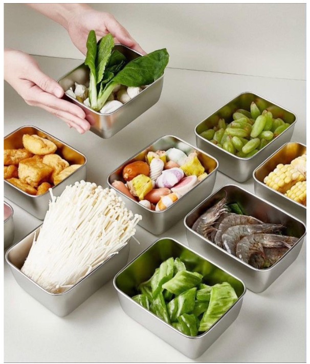 Combo 5 khay đựng thực phẩm inox 304 có nắp đậy hộp đựng thực phẩm bằng inox để tủ lạnh