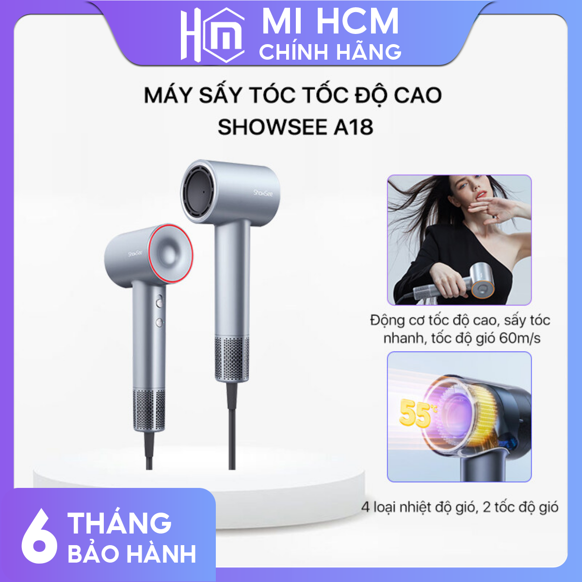 Máy Sấy Tóc Ion Âm Xiaomi ShowSee A18 Chính Hãng - Công Suất 1600W - Làm Khô Tóc Nhanh Dưỡng Ẩm