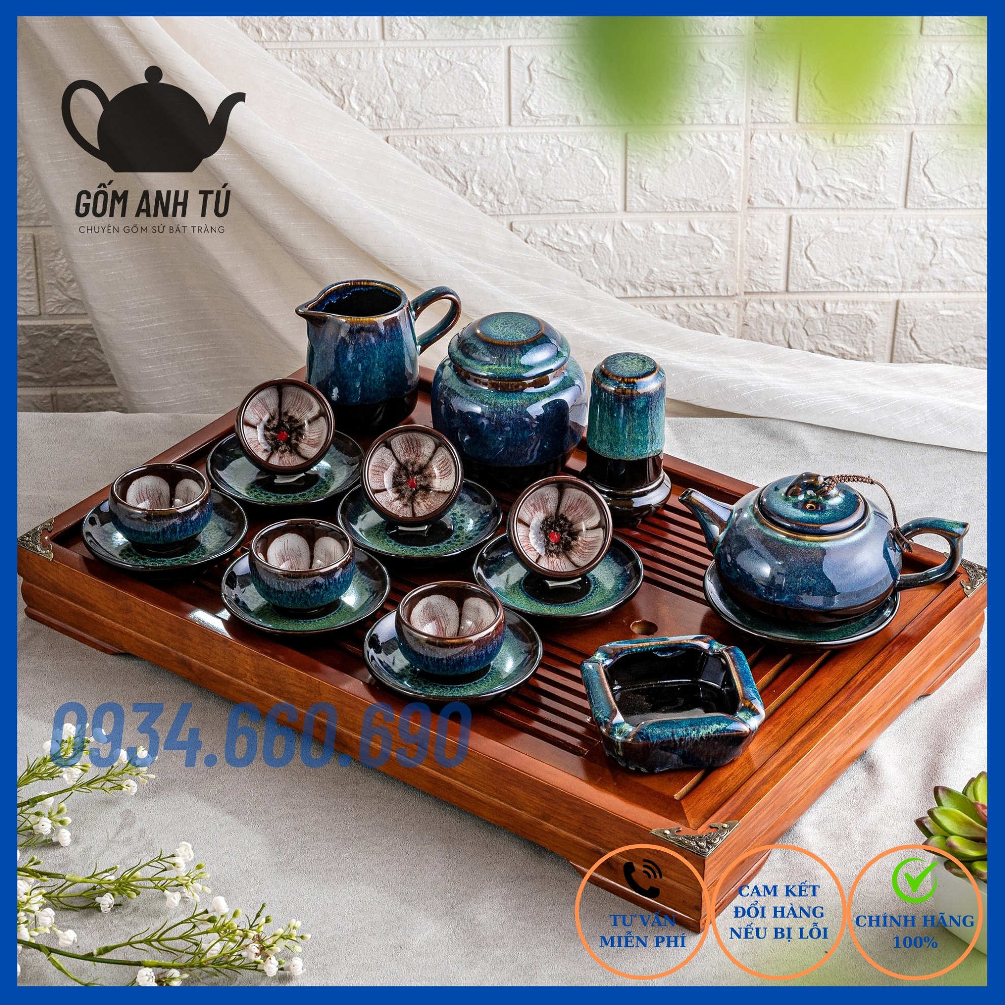 Bộ ấm chén, ấm pha trà Bát Tràng men hoả biến xanh quả Hồng chén lòng hoa dung tích ấm 350ml