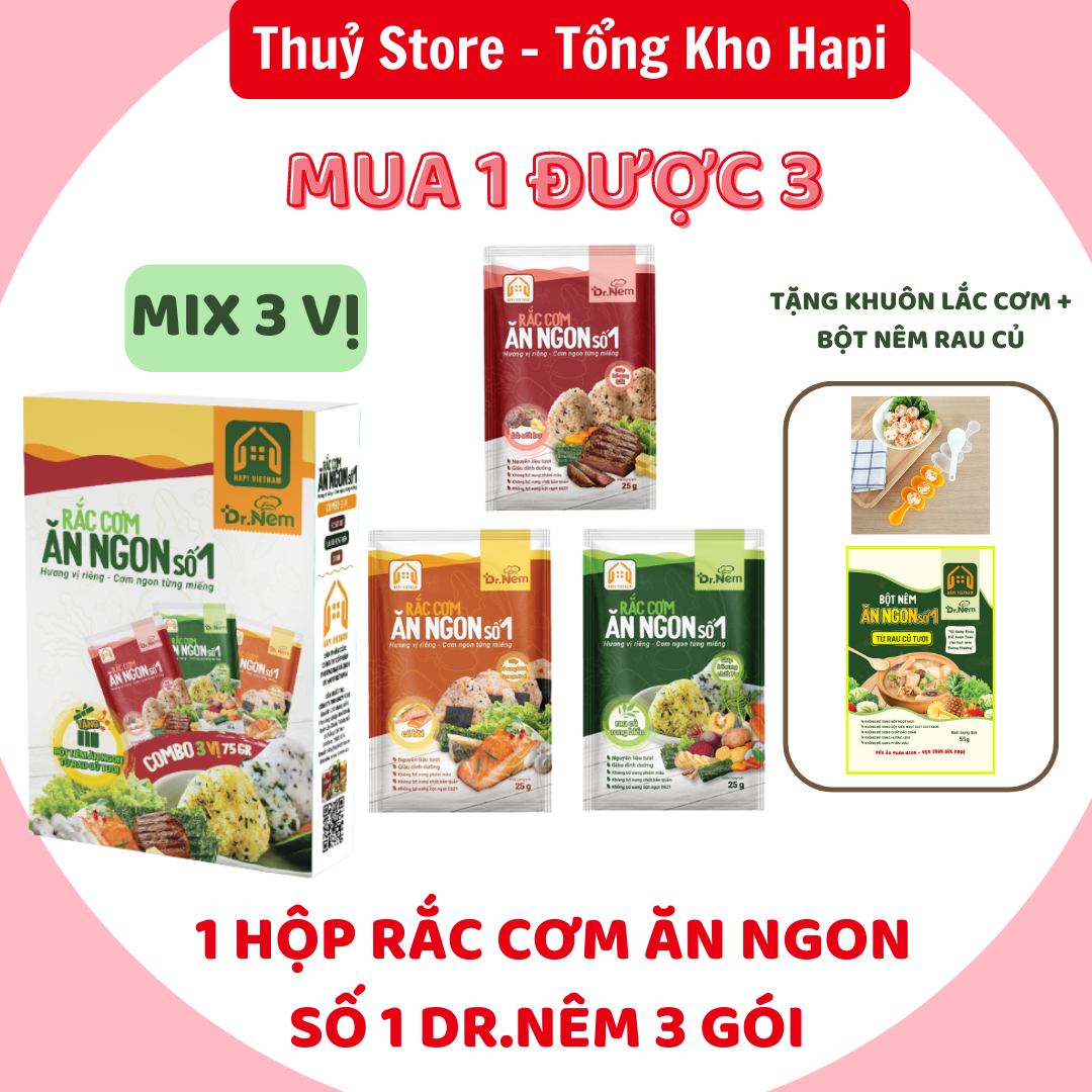 1 hộp rắc cơm ăn ngon dr.nêm 3 gói tùy chọn vị được tặng 1 gói bột nêm từ rau củ tươi 55g