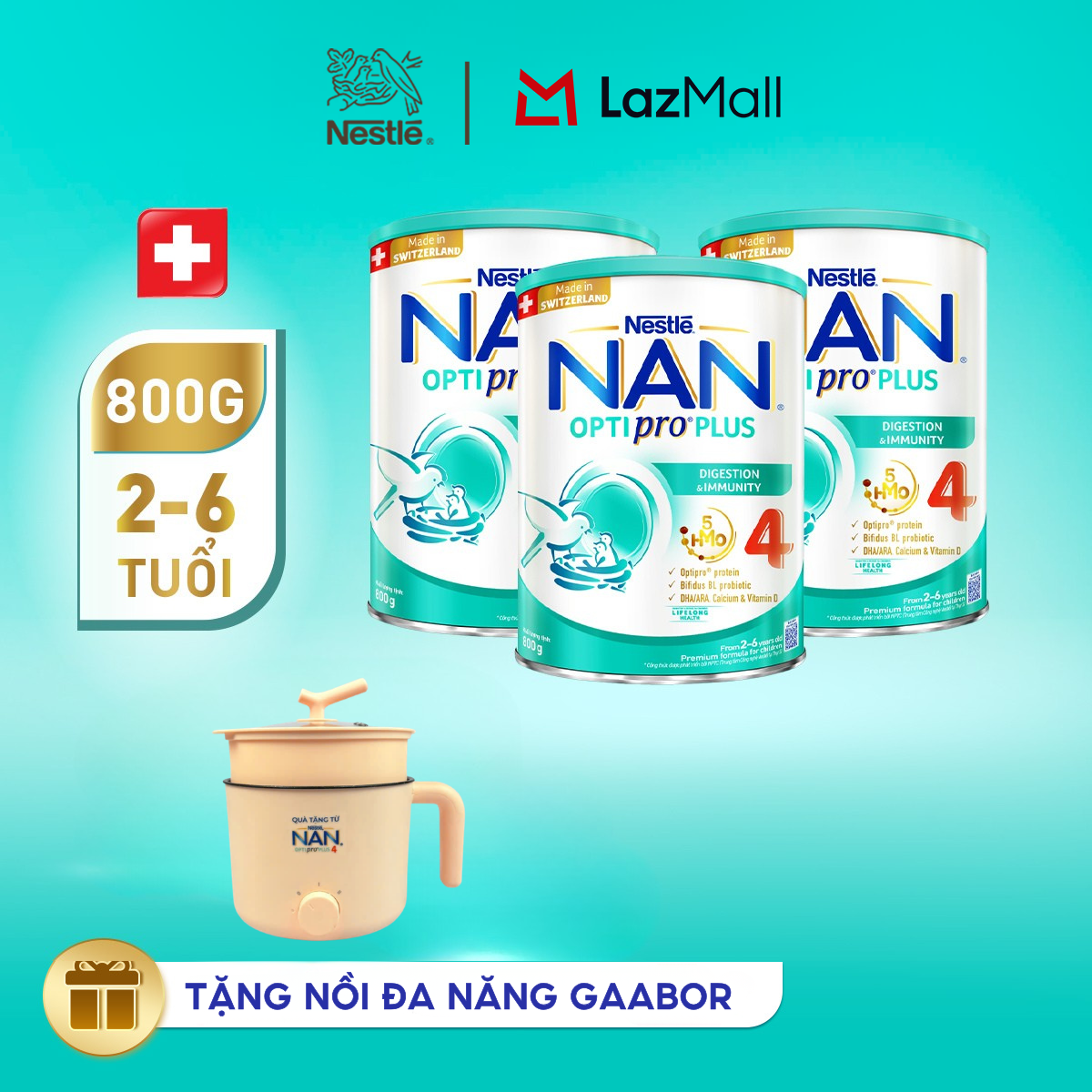 [Tặng nồi đa năng Gaabor] Combo 3 lon Sữa bột Nestlé NAN OPTIPRO PLUS 4 800g/lon với 5HMO Giúp tiêu hóa tốt + Tăng cường đề kháng
