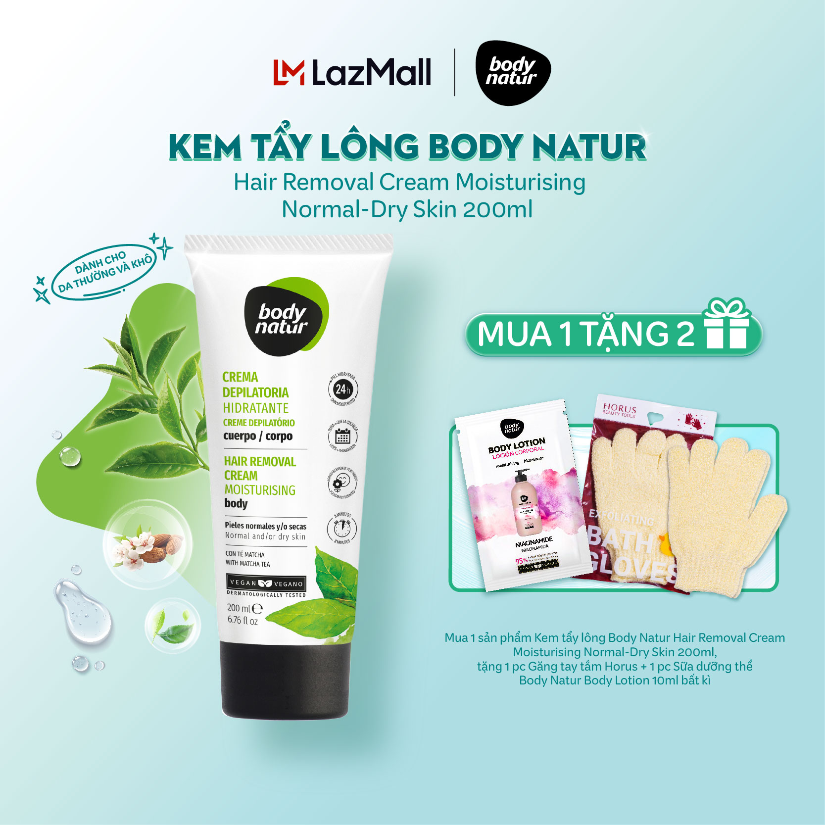 Kem tẩy lông Body Natur Hair Removal Cream Moisturising Body Normal-Dry Skin 200ml