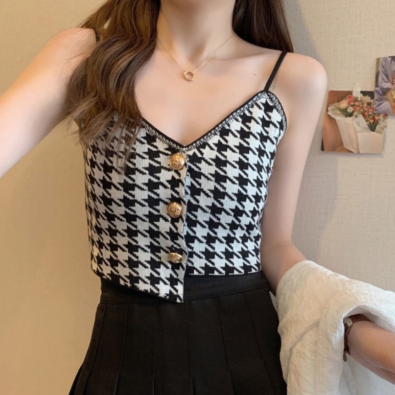 Áo hai dây họa tiết sọc Caro sexy cho nữ, Áo 2 dây croptop dệt kim AD04