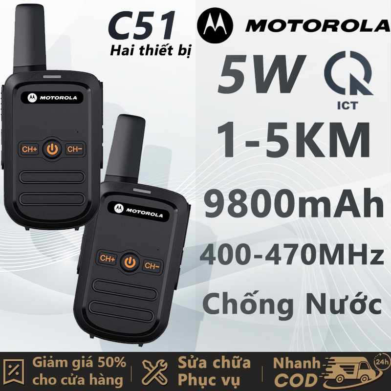 【Combo 2 Cái Motorola C51 Bộ đàm UHF 400-470MHz Mini Walkie Talkie 5W 16 Channel Vượt trội về âm thanh Độ bền cao 1~3KM Sử dụng hàng ngày 9800mAh Dễ dàng vận hành