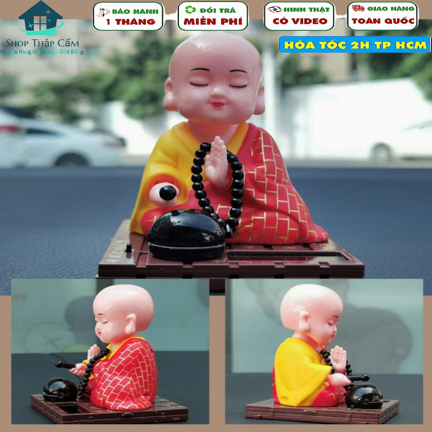 Tượng Phật Chú Tiểu Gõ Mõ Tụng Kinh, Dùng Năng Lượng Mặt Trời Size Lớn