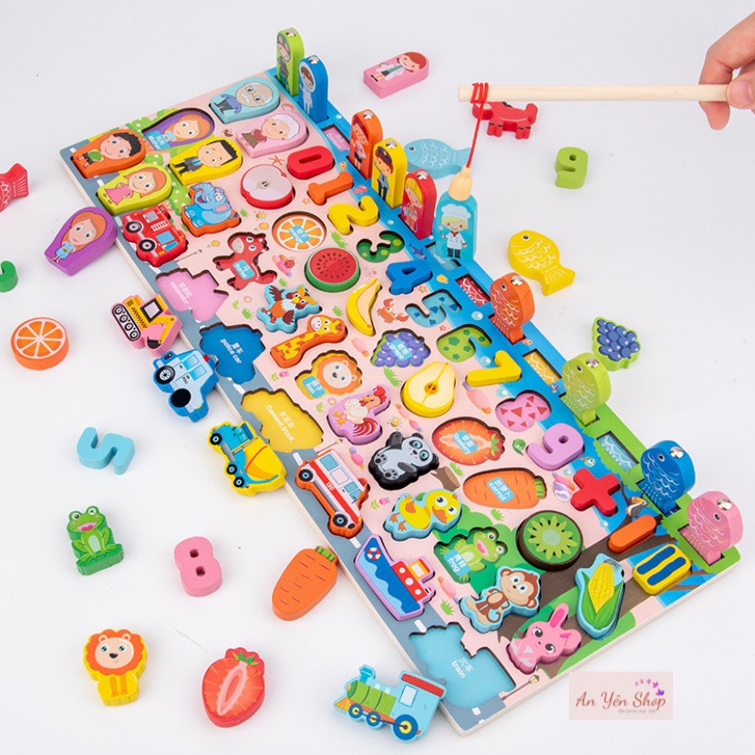 Bảng câu cá bằng gỗ và ghép hình học logarit 5 in 1, giáo cụ montessori, đồ chơi gỗ thông minh, đồ chơi giáo dục, đồ chơi phát triển trí tuệ, an yên shop