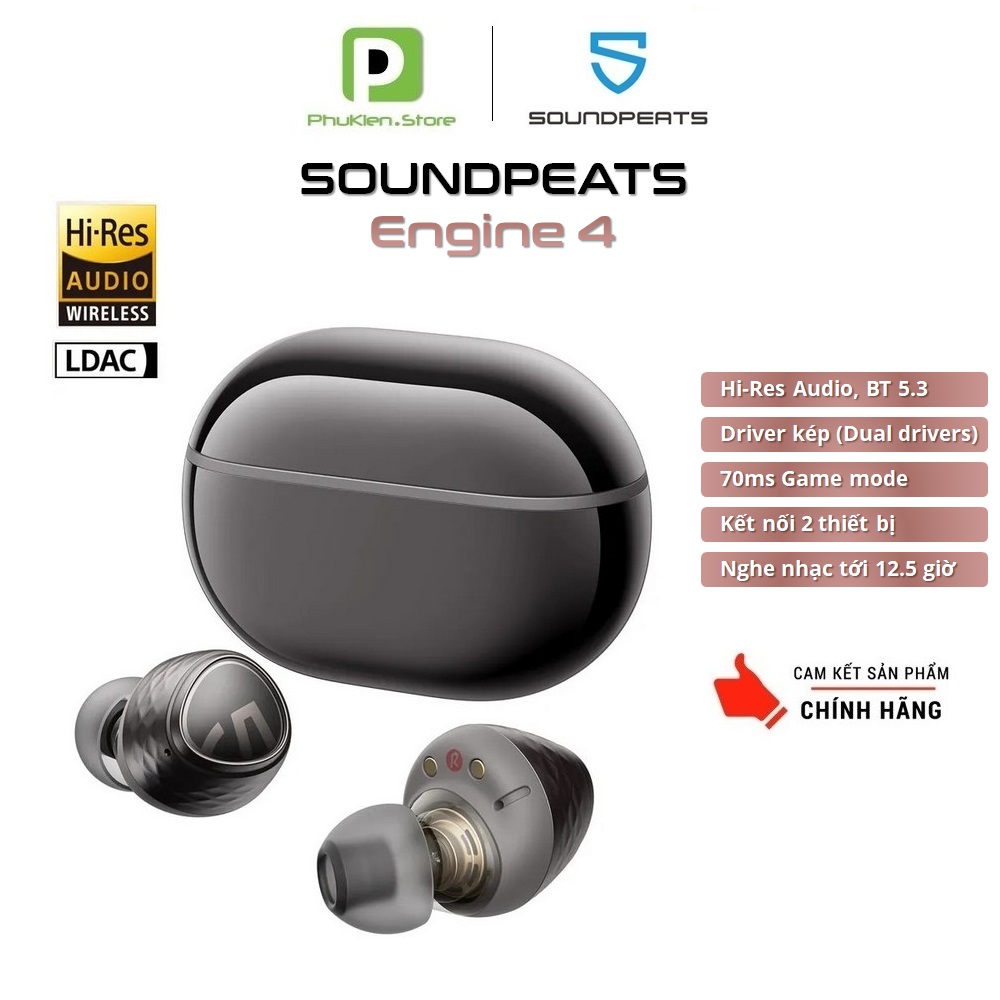 Tai Nghe Bluetooth 5.3 Chính Hãng Soundpeats Engine 4 ✔️ Dual Drivers ✔️ pin 12.5h ✔️ Hỗ trợ app ( bản nâng cấp TrueEngine 3SE )