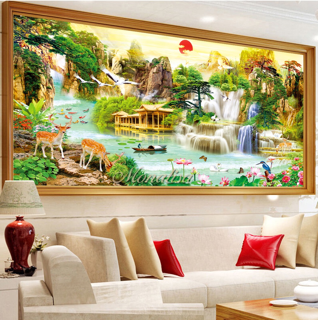 Tranh thêu chữ thập phong cảnh sơn thủy hữu tình 200x95cm, 160x75cm