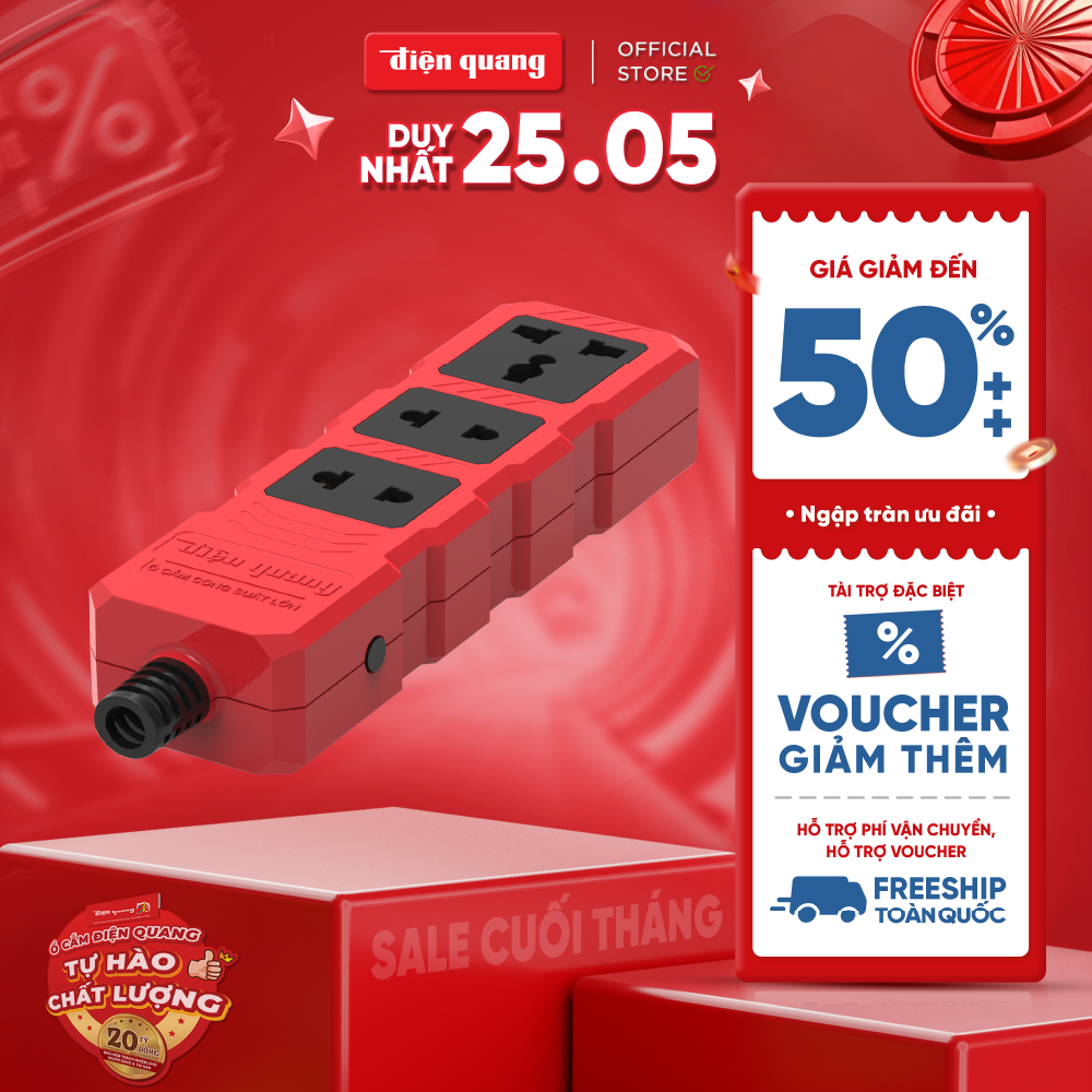 Ổ cắm Công suất lớn Điện Quang ĐQ ESKHP 3RB (3 lỗ, màu đỏ đen, không dây)