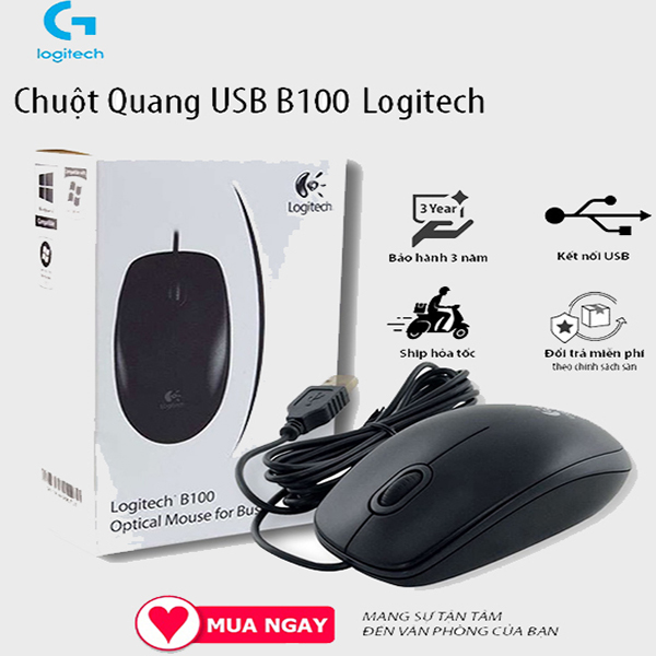 Chuột có dây logitech b100, bảo hành 12 tháng, hàng chính hãng