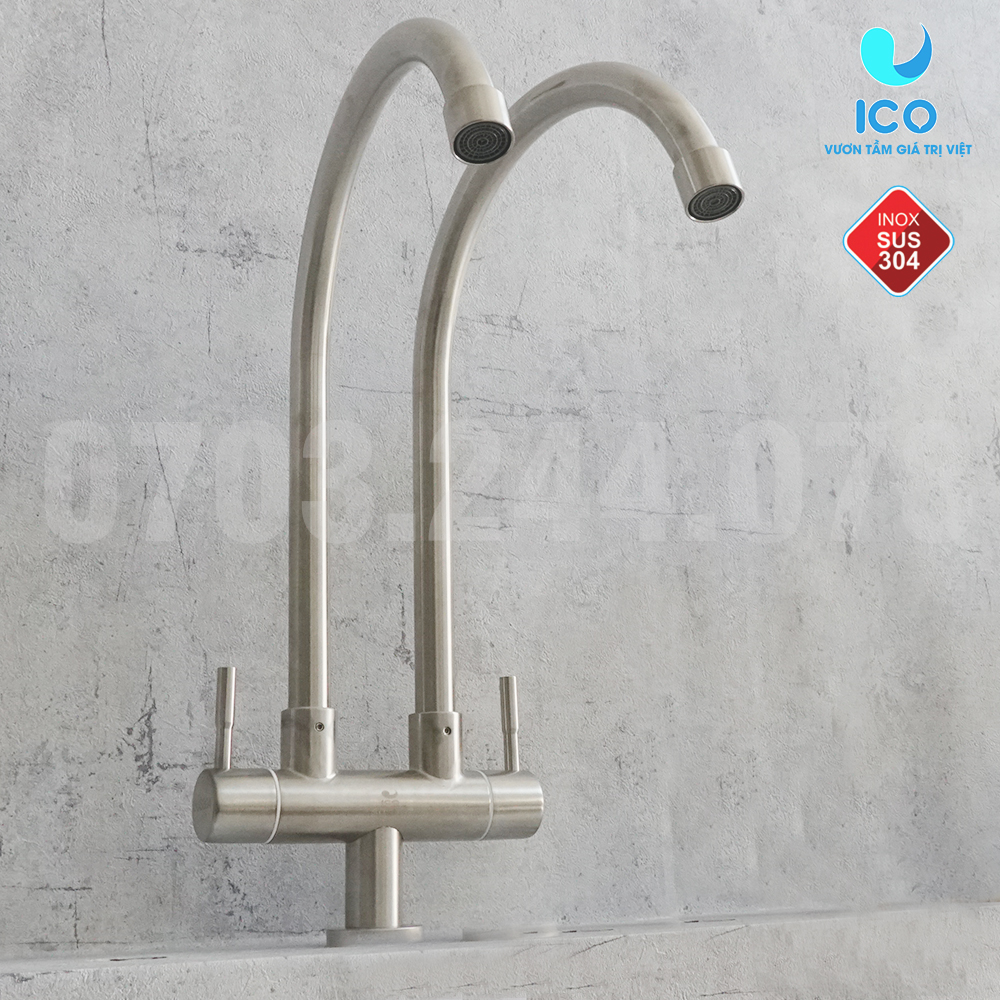 Vòi rửa chén lạnh inox 304 ico 501 - vòi đôi - bảo hành 2 năm