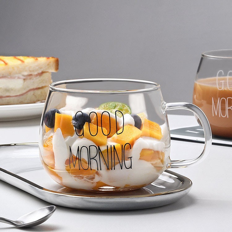 Cốc Thủy Tinh Trong Suốt Good Morning Kiểu Dáng Tròn Bầu Có Quai Cầm Tiện Ích Dung Tích 320ml