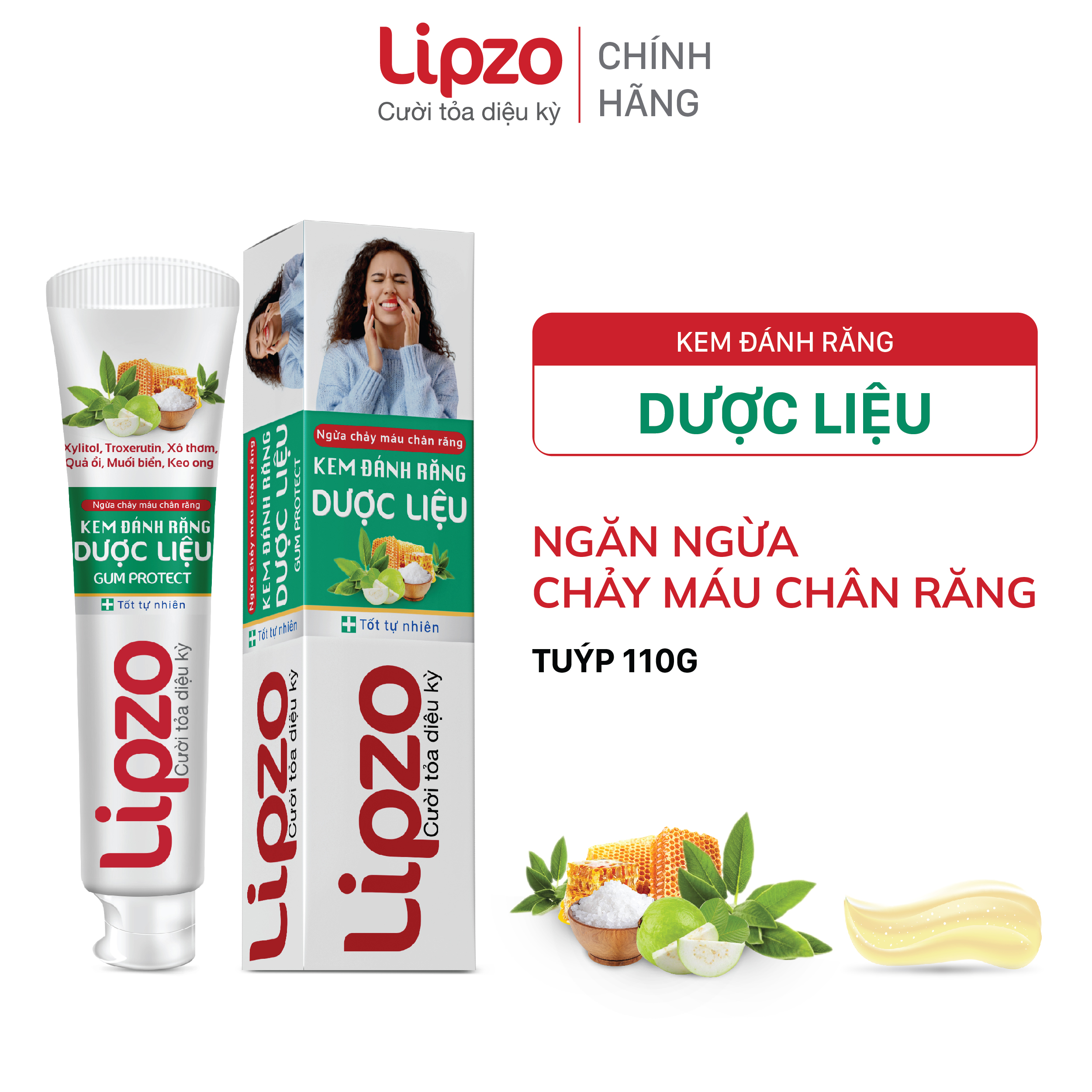 Kem đánh răng dược liệu lipzo , dược liệu từ hoa hoè, tuýp 110g, giúp ngừa chảy máu chân răng, tụt nướu
