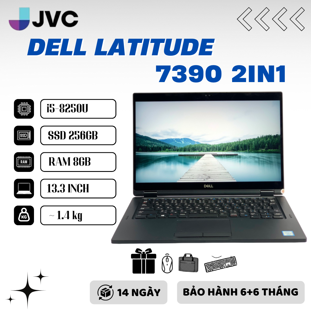 Laptop xách tay giá rẻ Dell Latitude 7390 2 in 1 Core i5-8250U RAM 8GB SSD 256GB 13.3" FHD Touch Win 10Pro Key_led Pin 90%