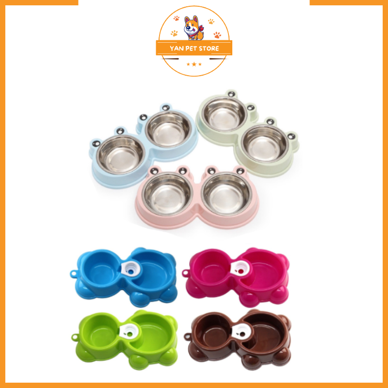 Bát ăn cho chó mèo gắn bình hình gấu cho chó mèo, bát ăn đôi hình ếch ngộ nghĩnh cho thú cưng - Yan Pet