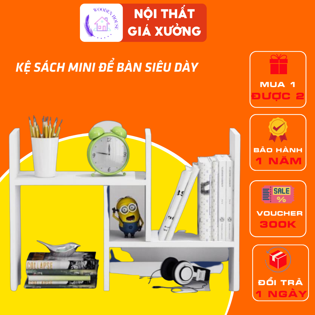 Kệ sách gỗ lắp ghép wooden house, kệ sách để bàn gỗ lắp ghép
