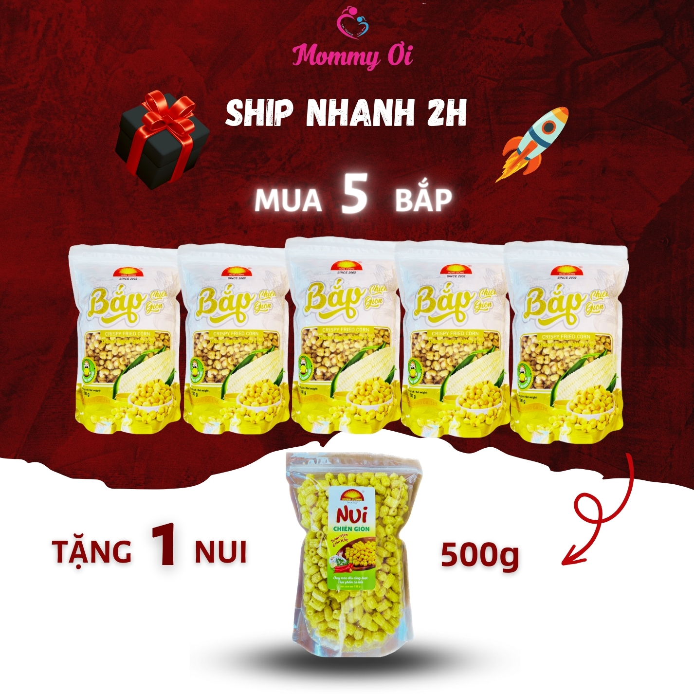 Combo 5 bắp chiên giòn 500g tặng 1 nui chiên giòn / bắp / ngô / ngô cay / sấy giòn / bánh / đồ ăn vặt / ăn chay được / bỏng ngô / snack / bim bim / hùng cường
