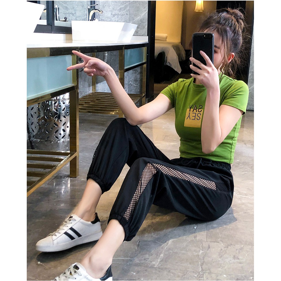Quần nữ chất đũi phối lưới - quần jogger thể thao nữ năng động