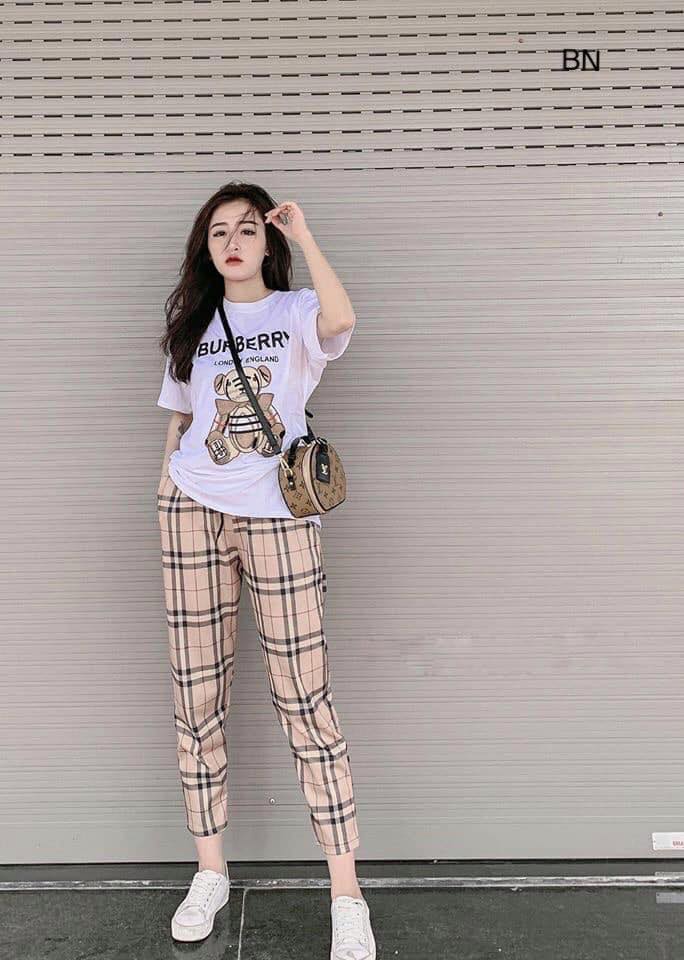 Sét bộ gấu BBR + quần bagy kẻ caro Áo cotton tàu 100%cotton dãn 4c, hình thêu đáp nổi siêu đẹp Quần baggy caro thô mềm Form thụng< 60kg