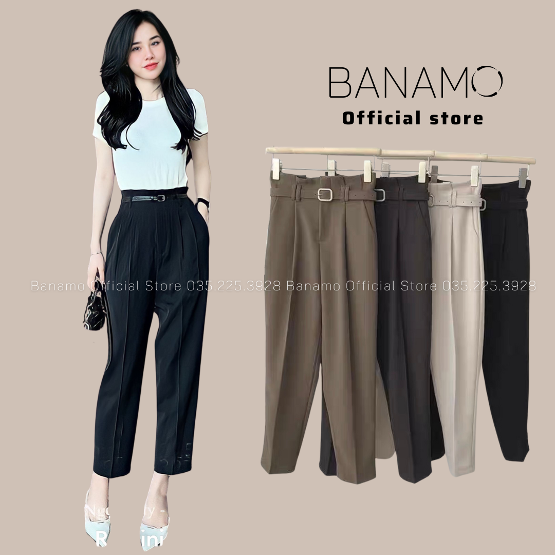 Quần tây Banamo Fashion baggy cạp liền kèm đai vải ruby 893