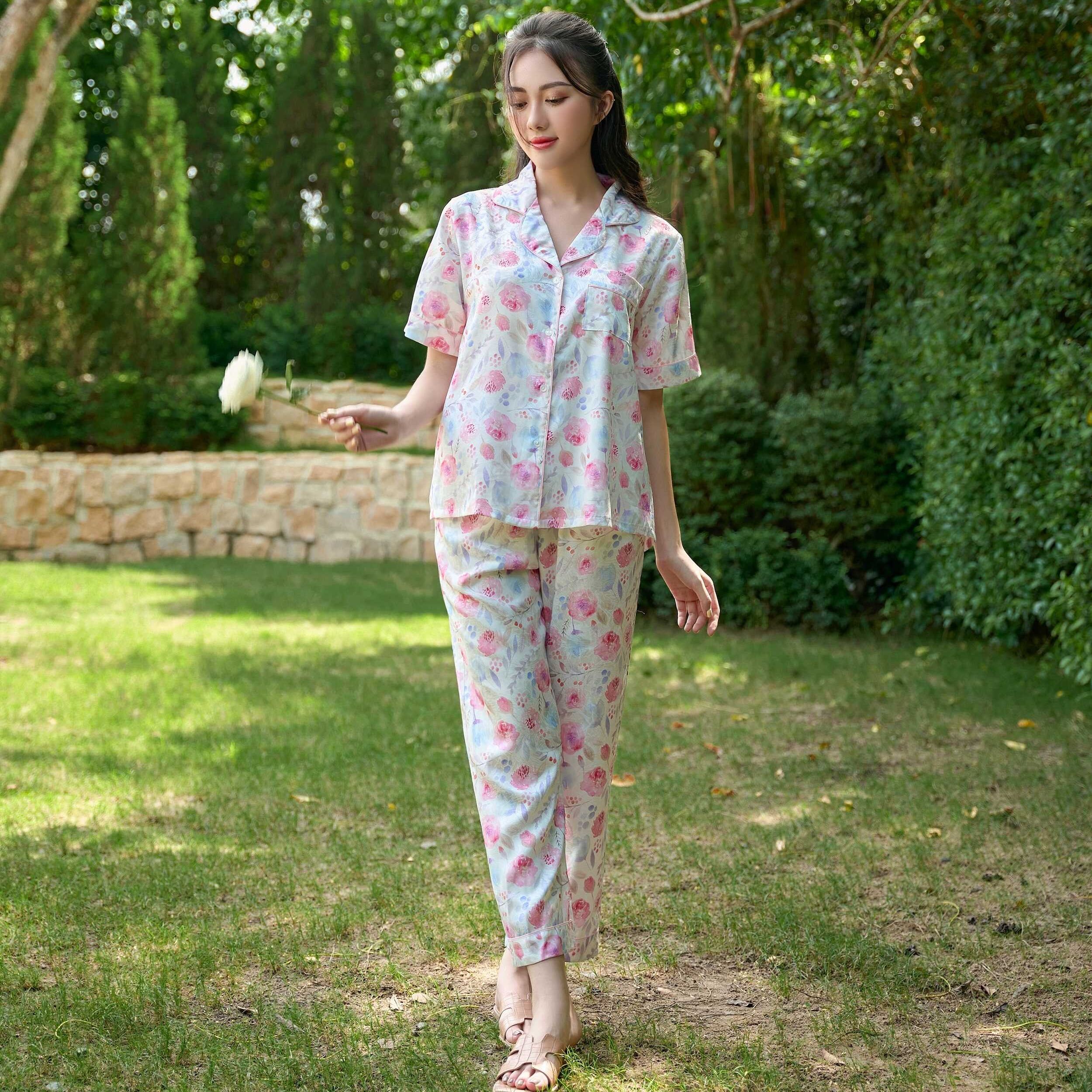 Vibes bộ pijama dài lụa gấm cao cấp rose long py set