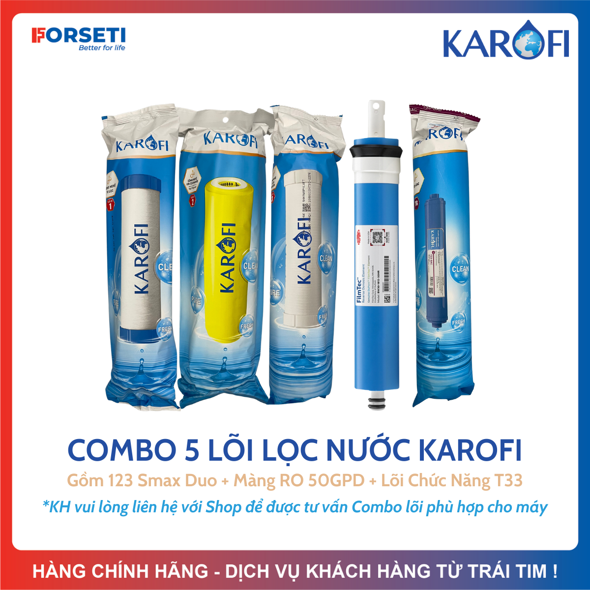 Combo 5 lõi lọc nước karofi gồm 123 smax duo , màng ro50gpd dupont, lõi t33