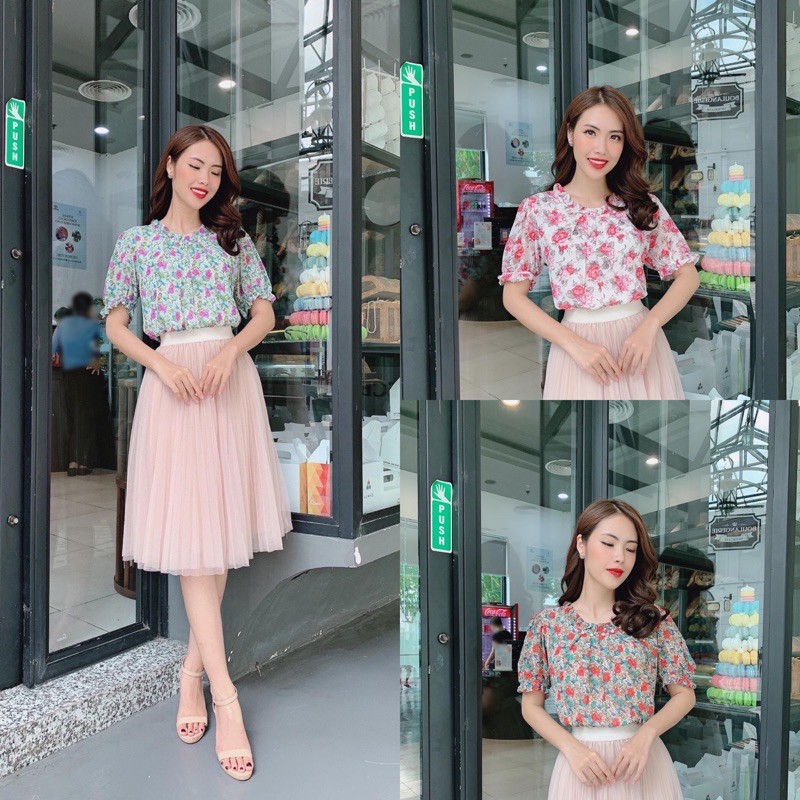 Áo kiểu nữ ❤️ ❤️Áo sơ mi hoa nhí cổ ngọc - Áo nữ chất liệu mềm