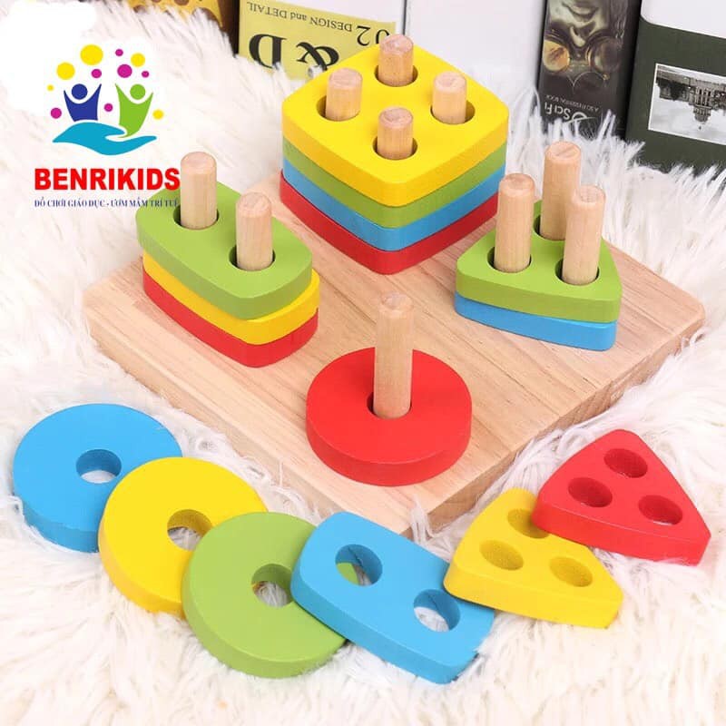 Đồ chơi gỗ Bộ thả cọc phân loại hình khối 3D