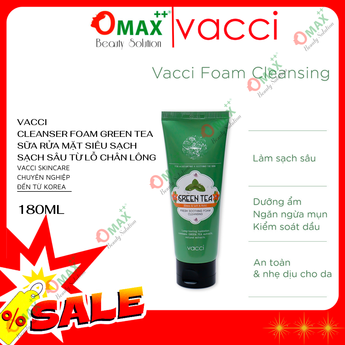 Sữa rửa mặt vacci cho da dầu mụn nhạy cảm tinh chất Trà Xanh Vacci
